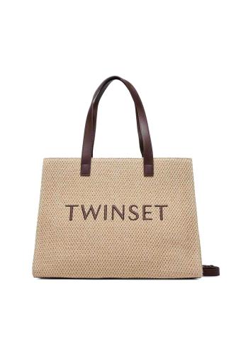 Twinset γυναικεία τσάντα shopper ψάθινη με κεντημένο λογότυπο - 241TB7022 Μπεζ